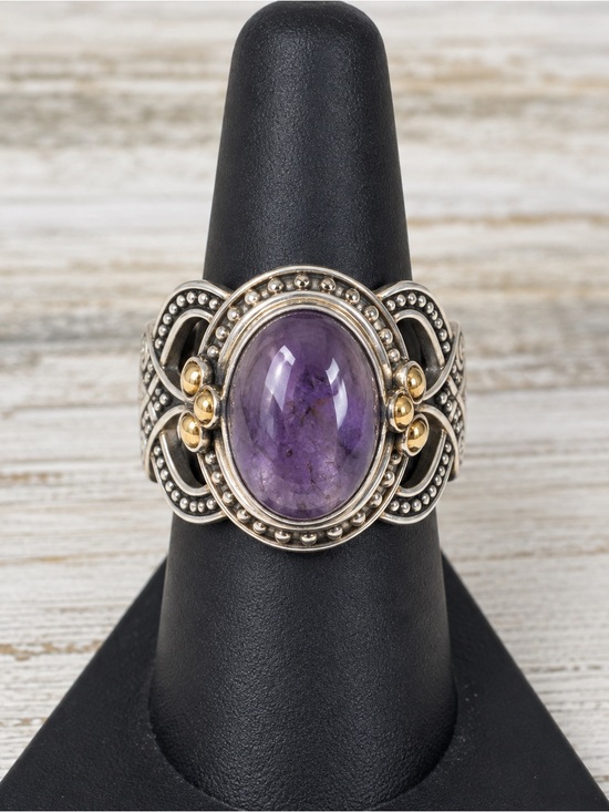 Suarti Jewelry - Suarti Bali Sterling Silver Cabochon Amethyst Ring 18K Gold Accent Size 8